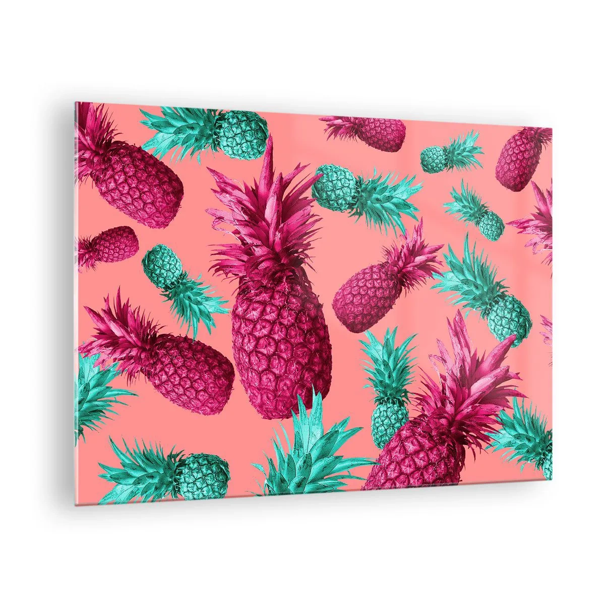 Üveg kép - Színes ananászok rózsaszín és zöld árnyalatokban rózsaszín háttér előtt - 70x50cm - A szabadság édes - Modern fali dekoráció nappalihoz és hálószobához ARTTOR