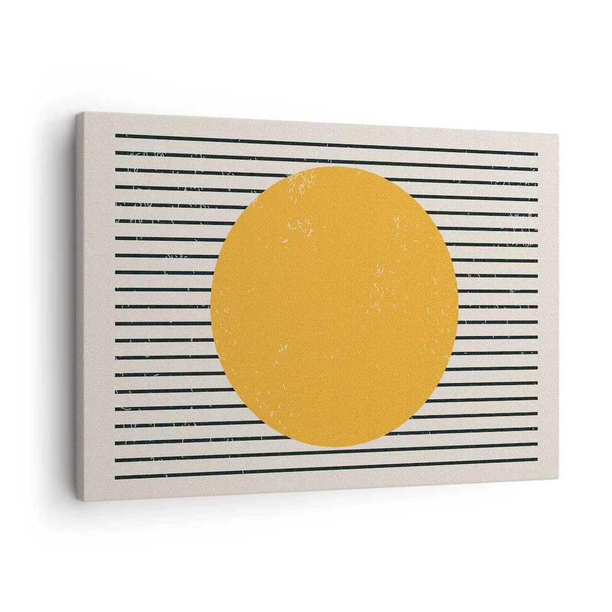 Vászonkép - Egy sárga kör fekete-fehér vízszintes vonalakból álló háttéren - 70x50cm - Az egyszerűség ereje - Modern fali dekoráció nappalihoz és hálószobához ARTTOR