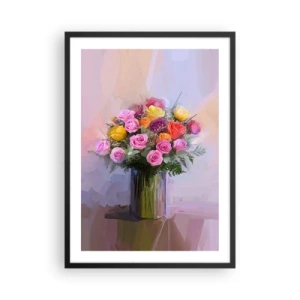 Poszter fehér keretben - Egy csokor rózsa és virág üvegvázában - 50x70cm - Megtartott szépség - Modern fali dekoráció nappalihoz és hálószobához ARTTOR