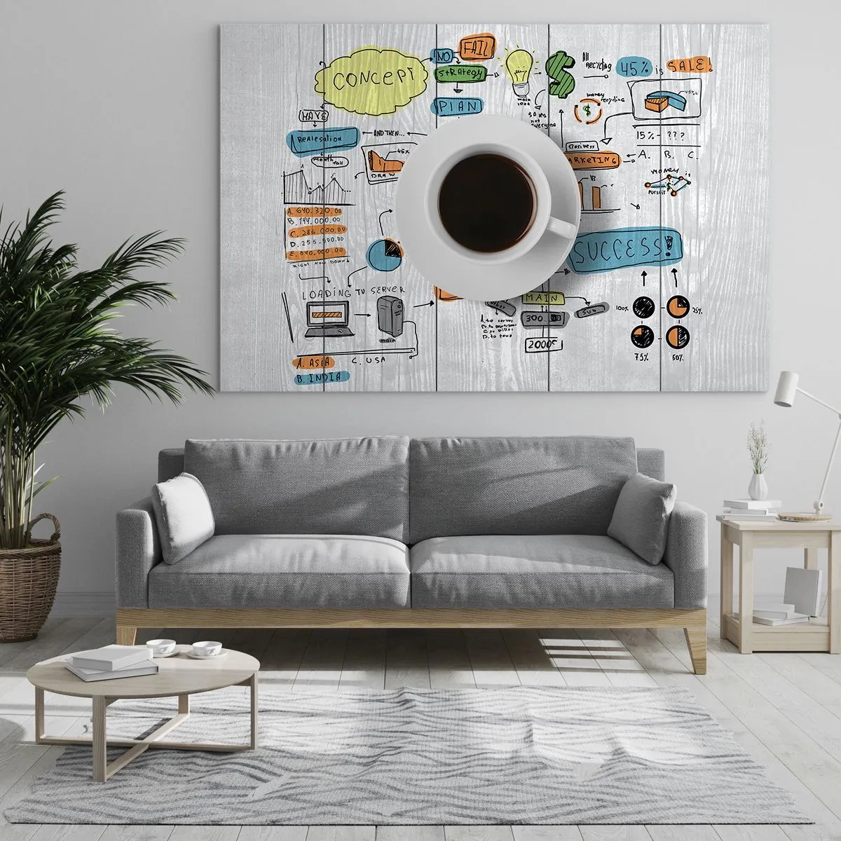 Üveg kép - Egy csésze kávé diagramok és fogalmi rajzok hátterében - 70x50cm - Ideje szünetet tartani - Modern fali dekoráció nappalihoz és hálószobához ARTTOR