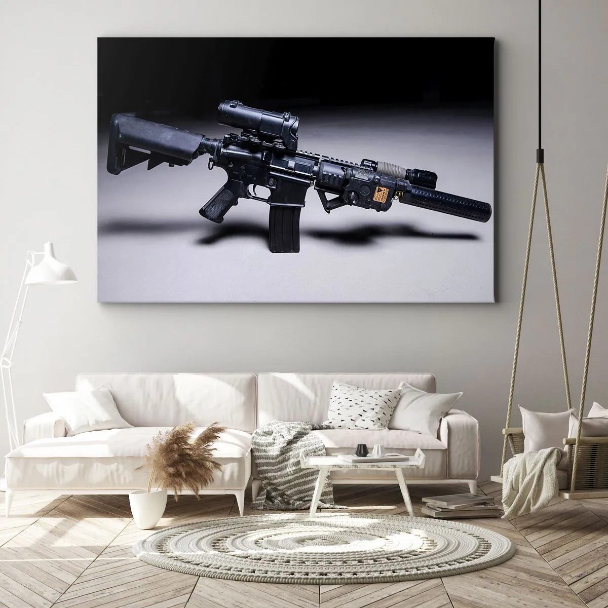 Vászonkép - Egy modern puska fekete színben, sötét háttér előtt - 70x50cm - Sötét lovag - Modern fali dekoráció nappalihoz és hálószobához ARTTOR