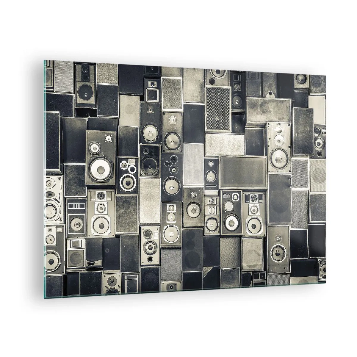Üveg kép - Retro hangszórók kompozíciója szürke árnyalatokban - 70x50cm - És minden rendben van - Modern fali dekoráció nappalihoz és hálószobához ARTTOR