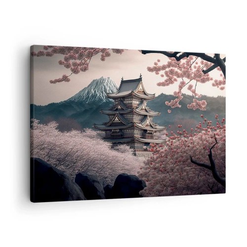 Vászonkép - Egy japán templom, cseresznyevirágokkal és hegyekkel körülvéve - 70x50cm - A cseresznyevirágzás országa - Modern fali dekoráció nappalihoz és hálószobához ARTTOR