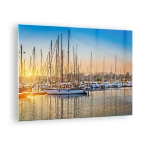 Üveg kép - Vitorlásokkal teli kikötő a lenyugvó nap fényében - 70x50cm - A szél is kell aludjon - Modern fali dekoráció nappalihoz és hálószobához ARTTOR