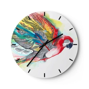 Falióra, Óra - Élénk színű papagáj, szárnyain dekoratív mintákkal - 30x30cm - Élj színesen - Modern fali dekoráció nappalihoz, konyhához és hálószobához ARTTOR