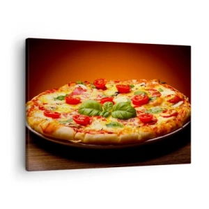 Vászonkép - Pizza paradicsommal és bazsalikommal egy fából készült asztalon - 70x50cm - Mamma mia! - Modern fali dekoráció nappalihoz és hálószobához ARTTOR