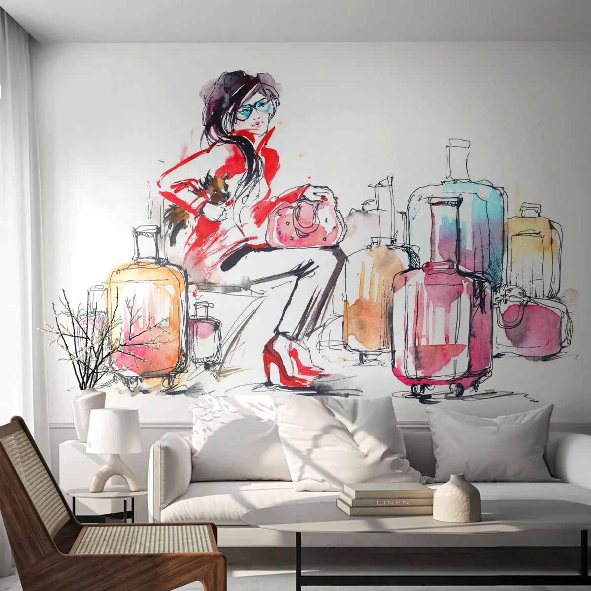 Öntapadós Fotótapéta Deluxe Sticker - Üljünk le az utazás előtt - Nő, Utazás, Bőrönd - 250x175 cm