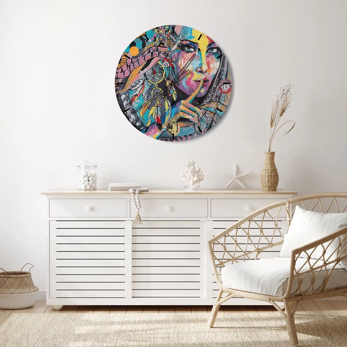 Falióra, Óra - Színes arc tollakkal és geometrikus mintával - 30x30cm - Maradj csendben, amíg meg nem érted - Modern fali dekoráció nappalihoz, konyhához és hálószobához ARTTOR