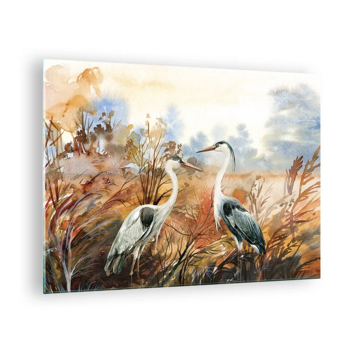 Üveg kép - Két daru egy őszi tájképen, akvarellfestékkel festve - 70x50cm - Hová ősszel? - Modern fali dekoráció nappalihoz és hálószobához ARTTOR