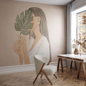 Fotótapéta Premium Canvas - Titokzatos portré legyezővel - Levél növényen, Nő, Boho - 350x256 cm