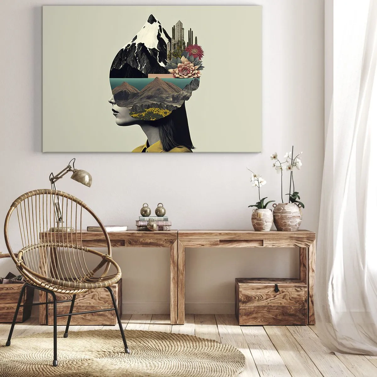 Vászonkép - Kollázs egy nőről hegyi tájjal és virágokkal - 70x50cm - Nő - mindig rejtély - Modern fali dekoráció nappalihoz és hálószobához ARTTOR