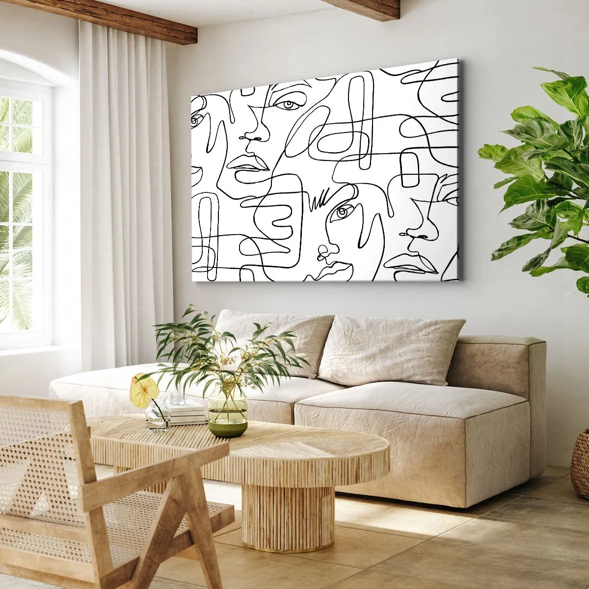 Vászonkép - Egy minimalista rajz egy arcról, vonalakkal világos háttér előtt. - 70x50cm - Összegabalyodott érzelmekben - Modern fali dekoráció nappalihoz és hálószobához ARTTOR