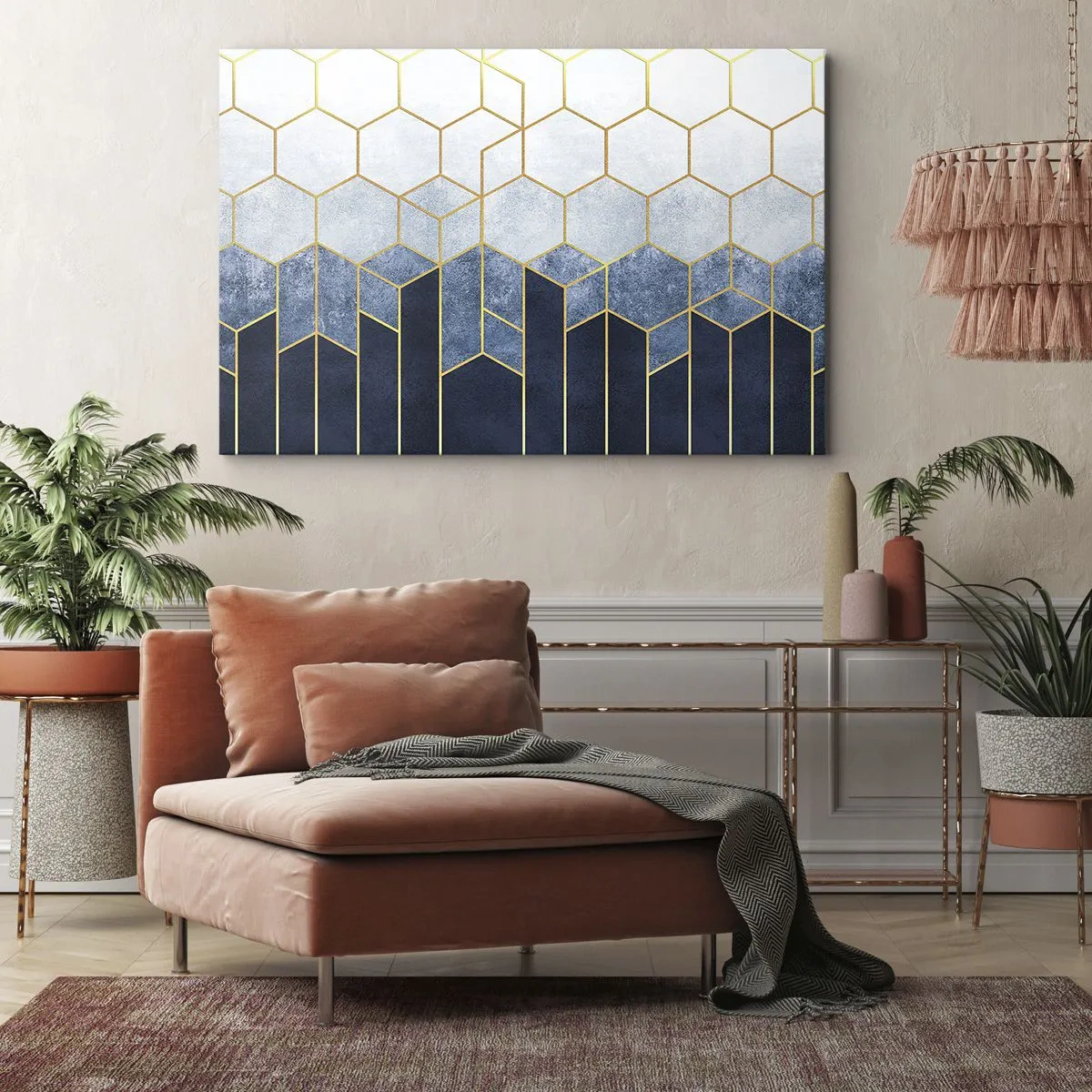 Vászonkép - Geometrikus minta arany és sötétkék árnyalatokban - 70x50cm - Kompozíció szinkópa ritmusban - Modern fali dekoráció nappalihoz és hálószobához ARTTOR