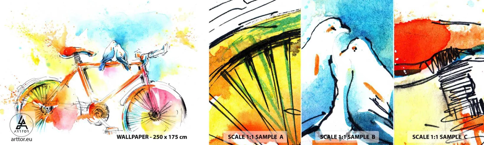 Fotótapéta Minta Standard Eco - Ketten a biciklin - Absztrakció, Kerékpár, Madarak - 100x30 cm