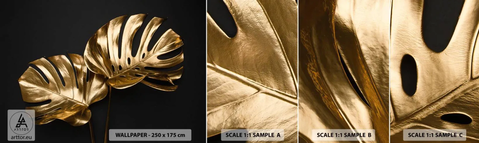 Fotótapéta Minta Standard Eco - A természet kincsei - Absztrakció, Arany levelek, Monstera levél - 100x30 cm
