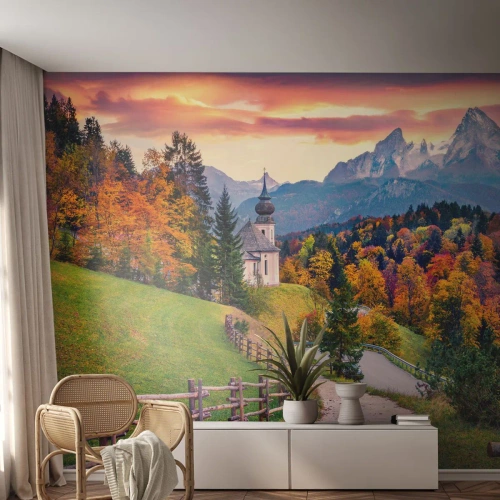 Egyedi tapéta Premium Canvas - Tájképszerű festmény - Hegyi táj, Pálya, Templom