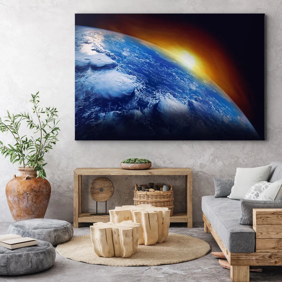 Vászonkép - A Föld látképe az űrből naplementekor - 70x50cm - Napkelte a kék bolygó felett - Modern fali dekoráció nappalihoz és hálószobához ARTTOR