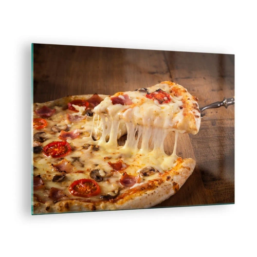 Üveg kép - Pizza szálas sajttal, paradicsommal és sonkával, fából készült háttéren - 70x50cm - Az olasz művészet remekműve - Modern fali dekoráció nappalihoz és hálószobához ARTTOR