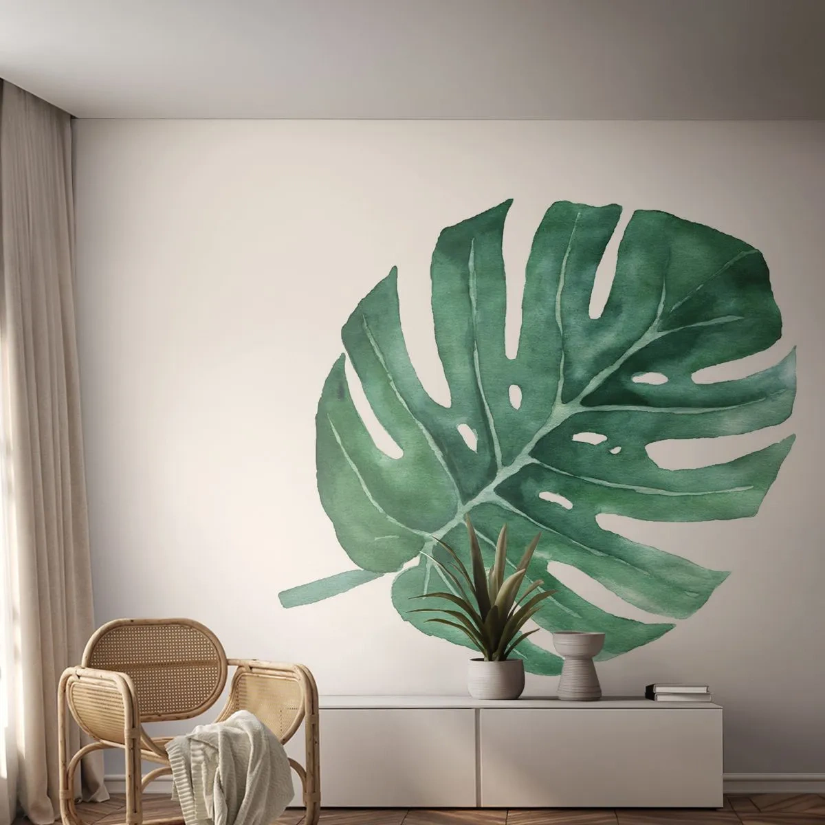 Fotótapéta Premium Sand - Zöld koncepció - Monstera, Levél növényen, Boho - 100x70 cm