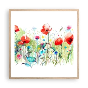 Poszter világos tölgy keretben - Virágzó májusi rét - 60x60 cm