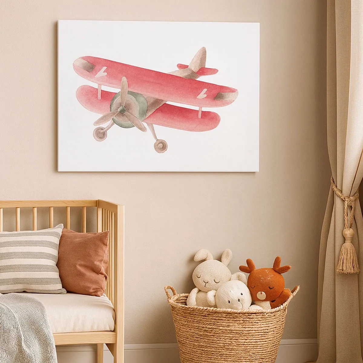 Vászonkép - Piros retro repülőgép fehér alapon - 70x50cm - Készen áll a magasba repülni - Modern fali dekoráció nappalihoz és hálószobához ARTTOR