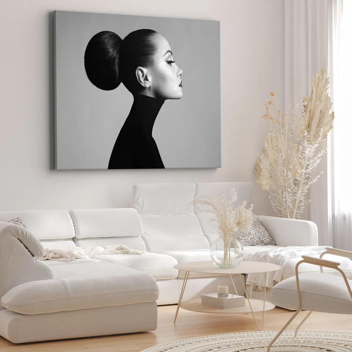 Vászonkép - Egy fekete-fehér, elegáns kontyban álló nő profilja - 70x50cm - Kortárs Nefretete - Modern fali dekoráció nappalihoz és hálószobához ARTTOR