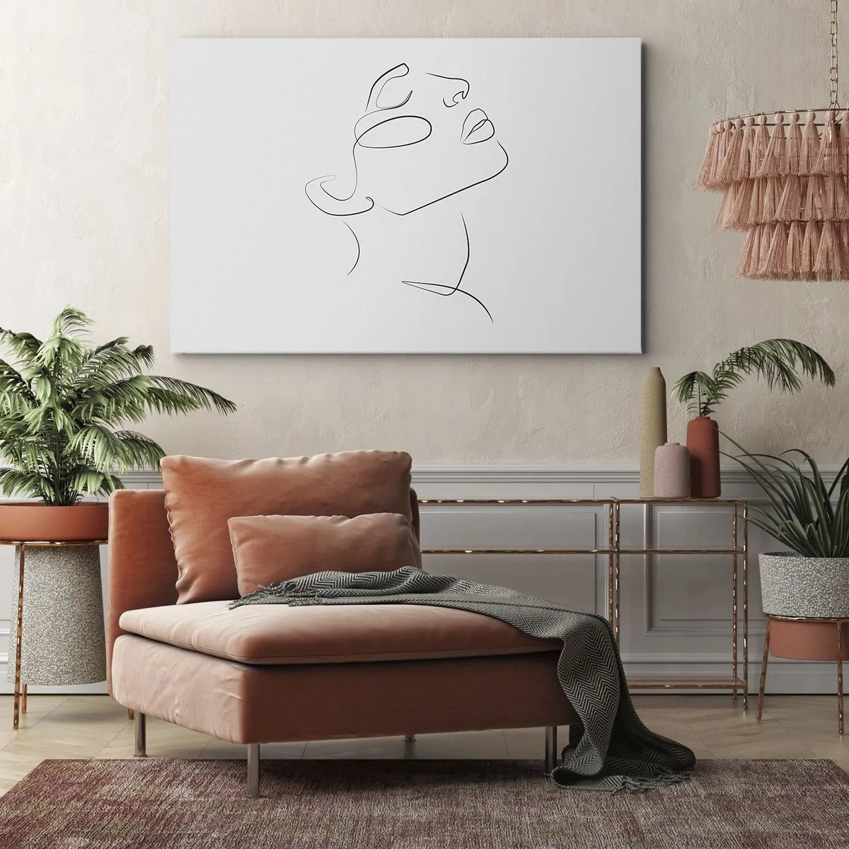 Vászonkép - Egy minimalista vázlat egy női arcról profilból. - 70x50cm - Az álmok fordulatai - Modern fali dekoráció nappalihoz és hálószobához ARTTOR