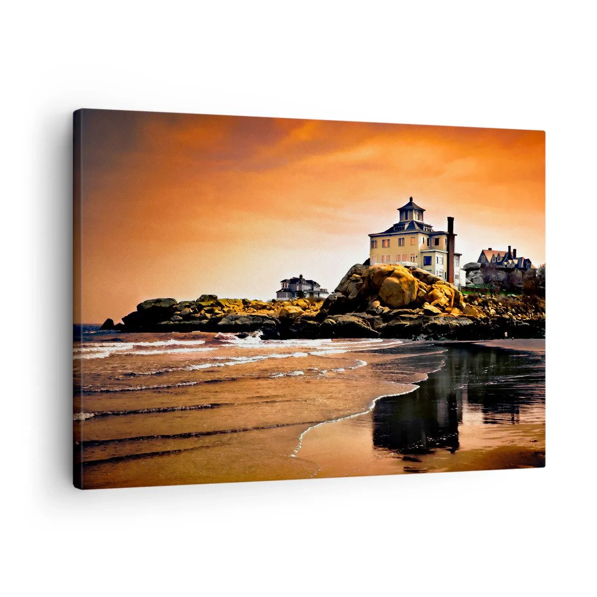 Vászonkép - Egy ház egy sziklán a tengerparton naplementekor, a tükörképe a vízben - 70x50cm - Nyugati parti elegancia - Modern fali dekoráció nappalihoz és hálószobához ARTTOR