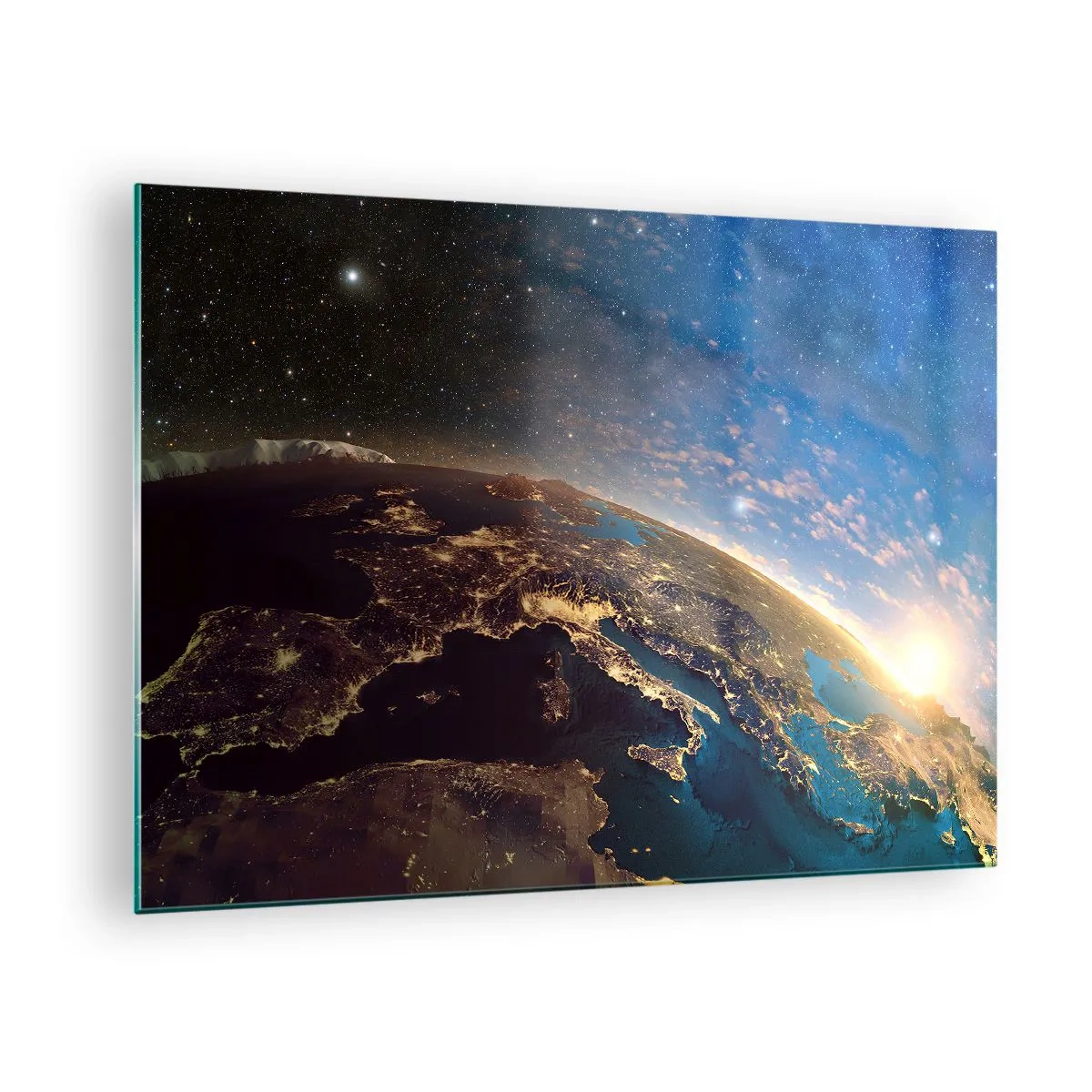 Üveg kép - A Föld látképe az űrből, látható a napfelkelte - 70x50cm - Tekintsünk magunkra távolról - Modern fali dekoráció nappalihoz és hálószobához ARTTOR