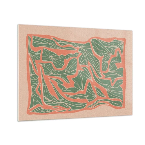 Üveg kép - Zöld leveles formák, korallkerettel körülvéve, bézs alapon - 70x50cm - A korall és a zöld közötti küzdelem - Modern fali dekoráció nappalihoz és hálószobához ARTTOR