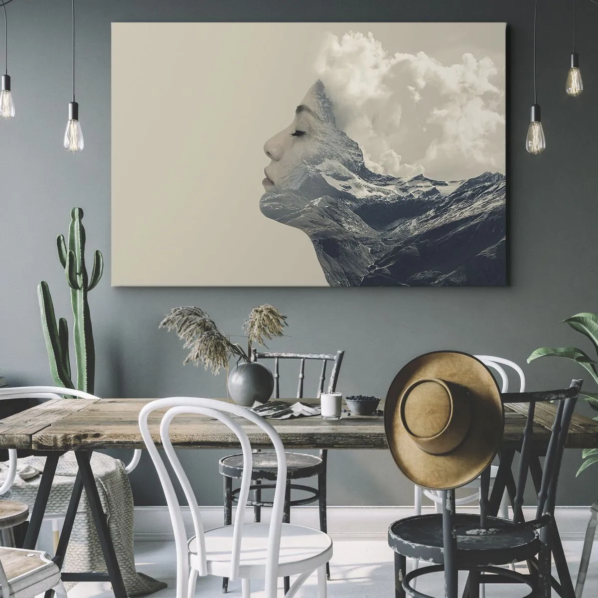 Vászonkép - Egy nő sziluettje hegyi tájjal a háttérben - 70x50cm - Az elemek szépsége - Modern fali dekoráció nappalihoz és hálószobához ARTTOR