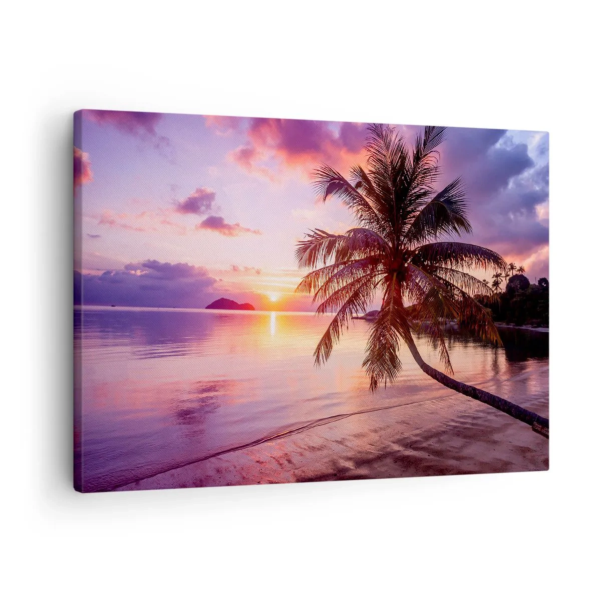 Vászonkép - Trópusi tengerpart pálmafával naplementekor - 70x50cm - Boldogság egészen a horizontig - Modern fali dekoráció nappalihoz és hálószobához ARTTOR