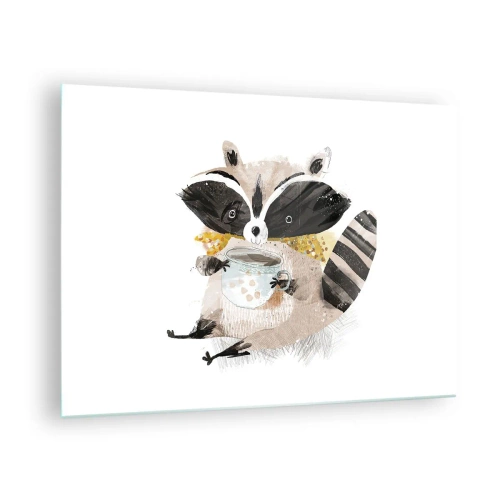 Üveg kép - Egy aranyos mosómedve egy csésze itallal a kezében - 70x50cm - A barátom a mosómedve - Modern fali dekoráció nappalihoz és hálószobához ARTTOR