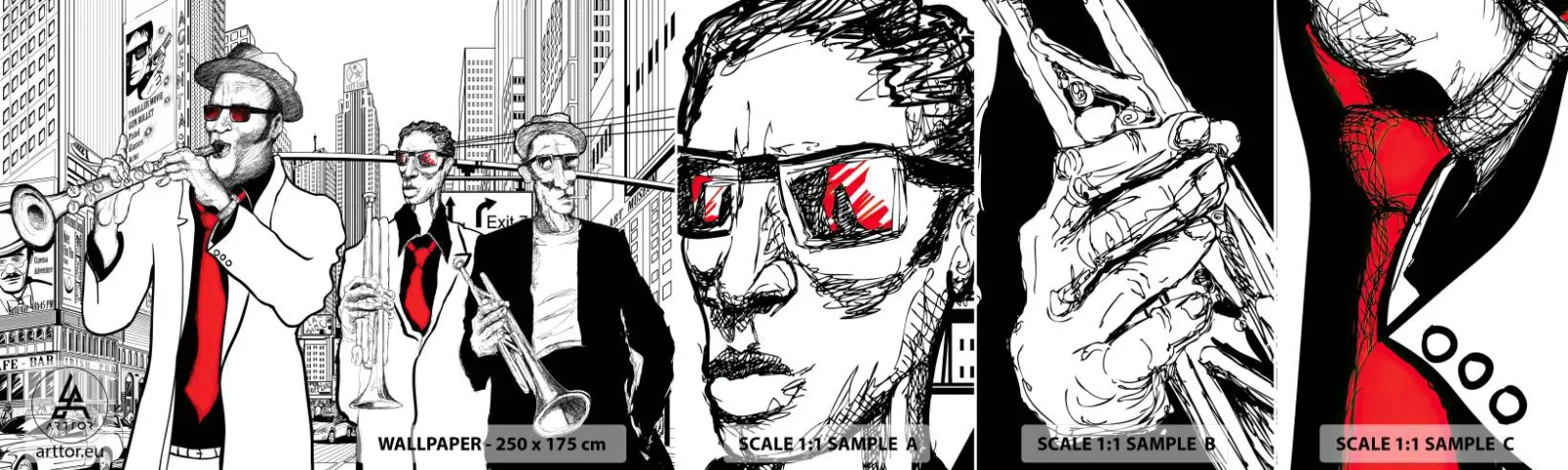 Fotótapéta Minta Öntapadós Deluxe Sticker - Városi rapszódia fekete-piros színben - New York, Dzsessz, Zene - 100x30 cm