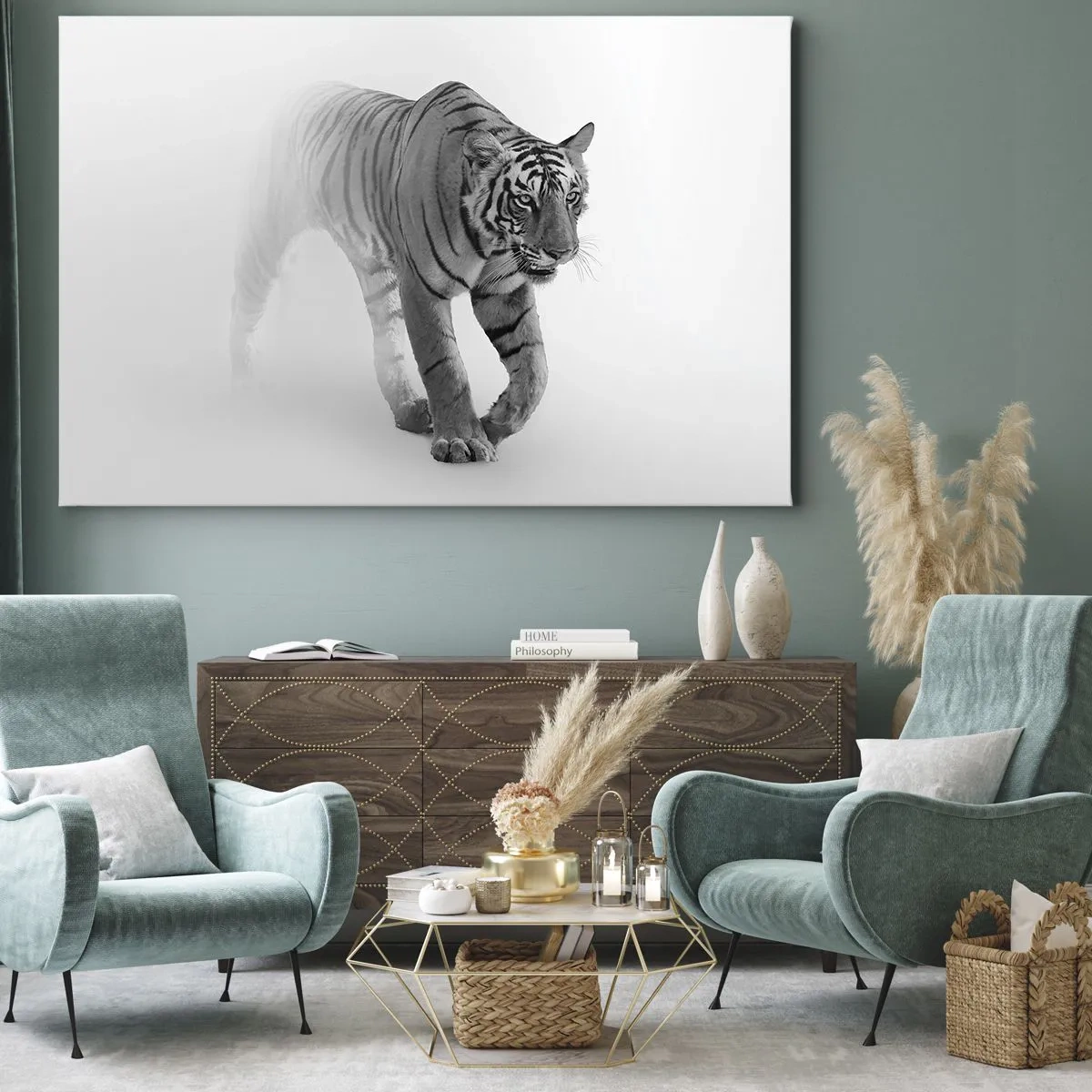 Vászonkép - Egy tigris bukkan elő a ködből - 70x50cm - Elrejtőzik a ködben - Modern fali dekoráció nappalihoz és hálószobához ARTTOR