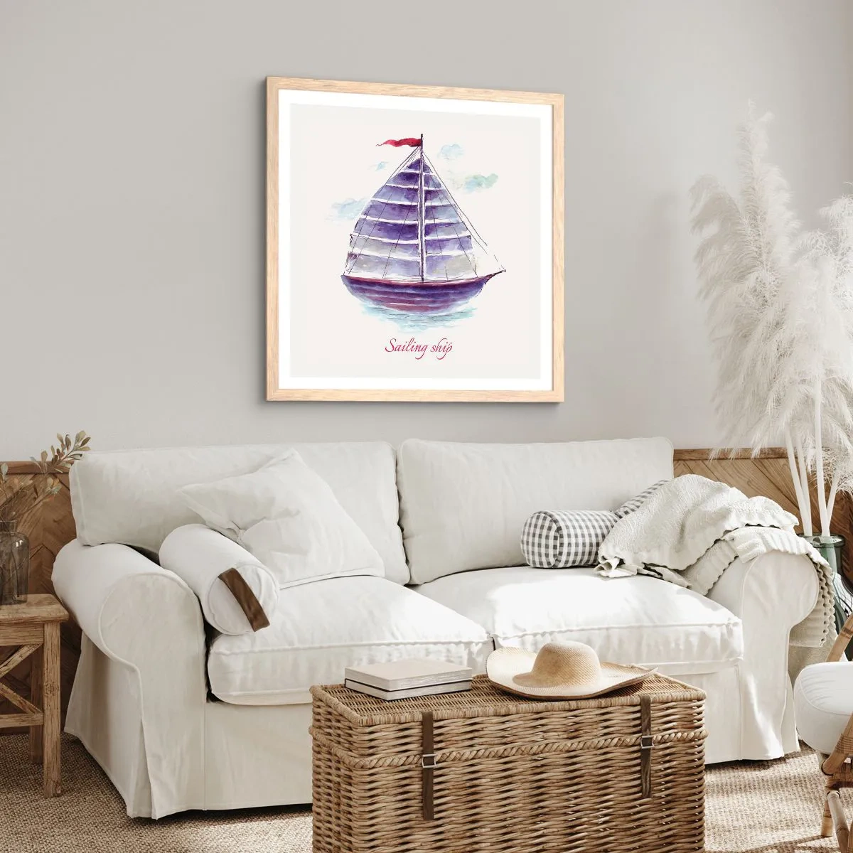 Poszter világos tölgy keretben - Teli vitorlákat és nyugodt vizet - 50x50 cm