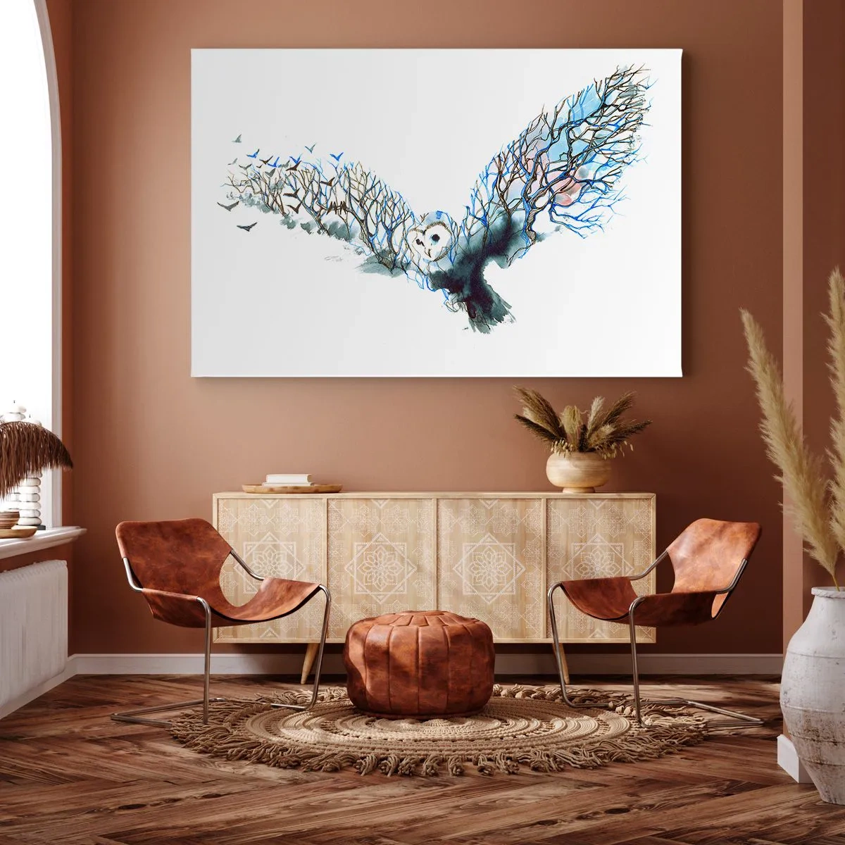 Vászonkép - Egy bagoly művészi grafikája kiterjesztett szárnyakkal - 70x50cm - Az erdő szárnyain - Modern fali dekoráció nappalihoz és hálószobához ARTTOR