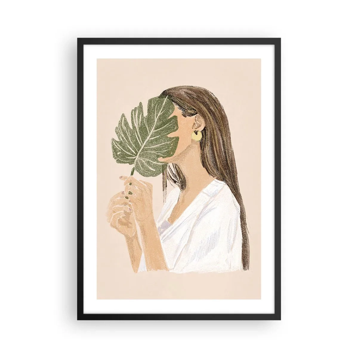 Poszter fehér keretben - Egy nő szörnyeteg levéllel takarja el az arcát. - 50x70cm - Titokzatos portré legyezővel - Modern fali dekoráció nappalihoz és hálószobához ARTTOR