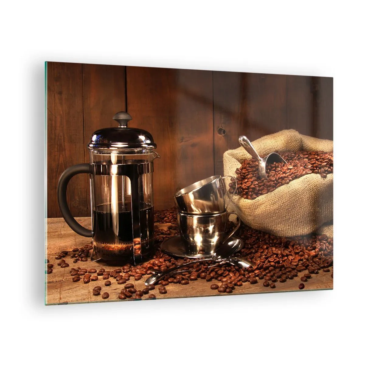 Üveg kép - Kávéfőző, csészék és egy zacskó kávébab - 70x50cm - A kávé varázsa - aroma és íz - Modern fali dekoráció nappalihoz és hálószobához ARTTOR