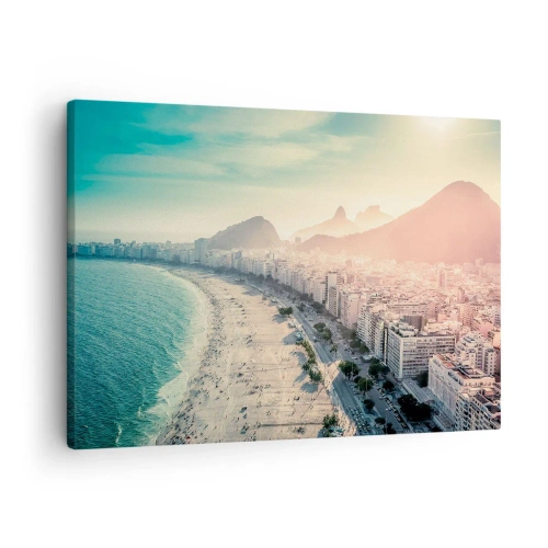 Vászonkép - Panoráma a Copacabana strandról, a háttérben hegyekkel Rio de Janeiróban - 70x50cm - Örökös nyaralás Rióban - Modern fali dekoráció nappalihoz és hálószobához ARTTOR