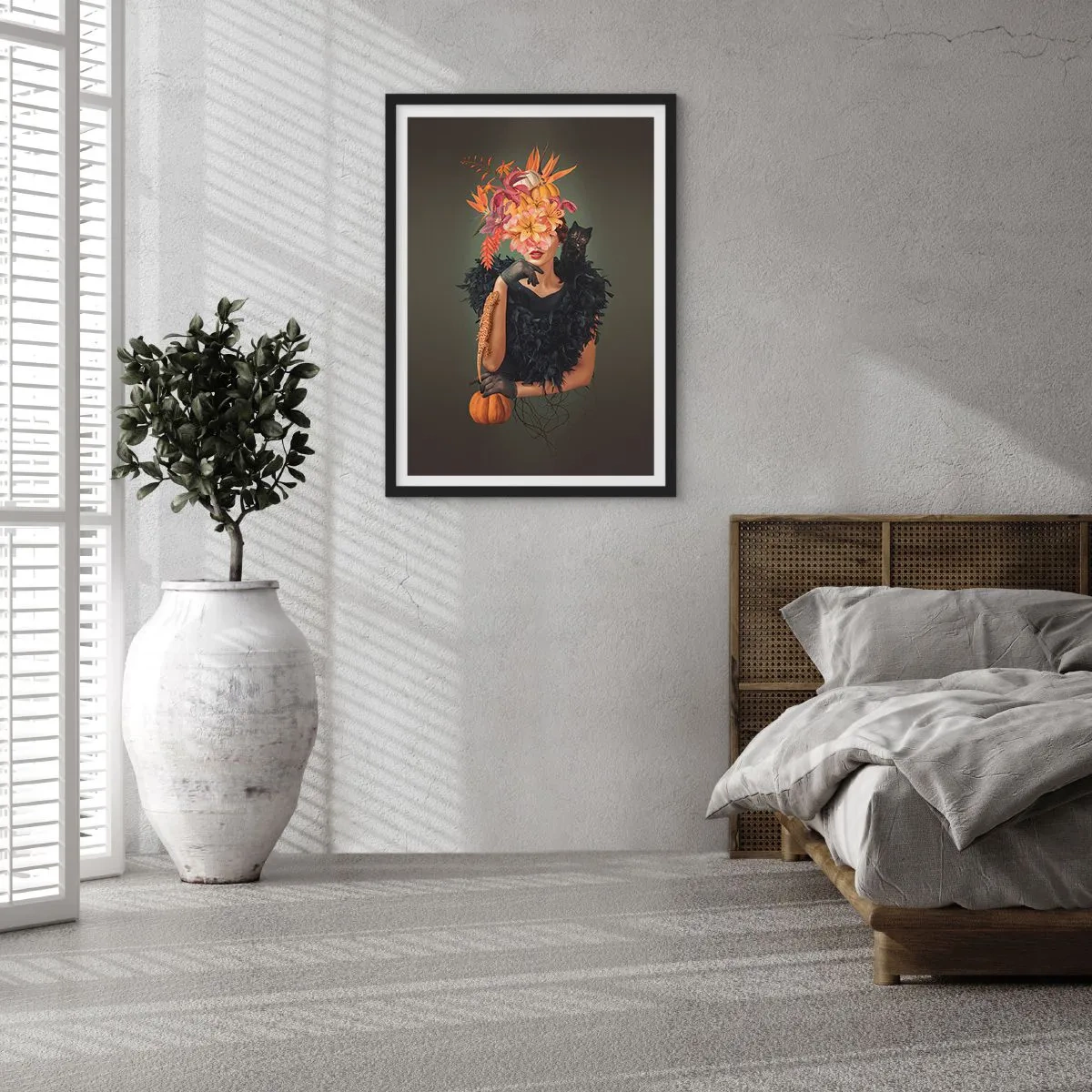 Poszter fehér keretben - Művészi portré egy nőről virágokkal, tökkel és fekete macskával. - 50x70cm - Egy boszorkány mágiája - Modern fali dekoráció nappalihoz és hálószobához ARTTOR