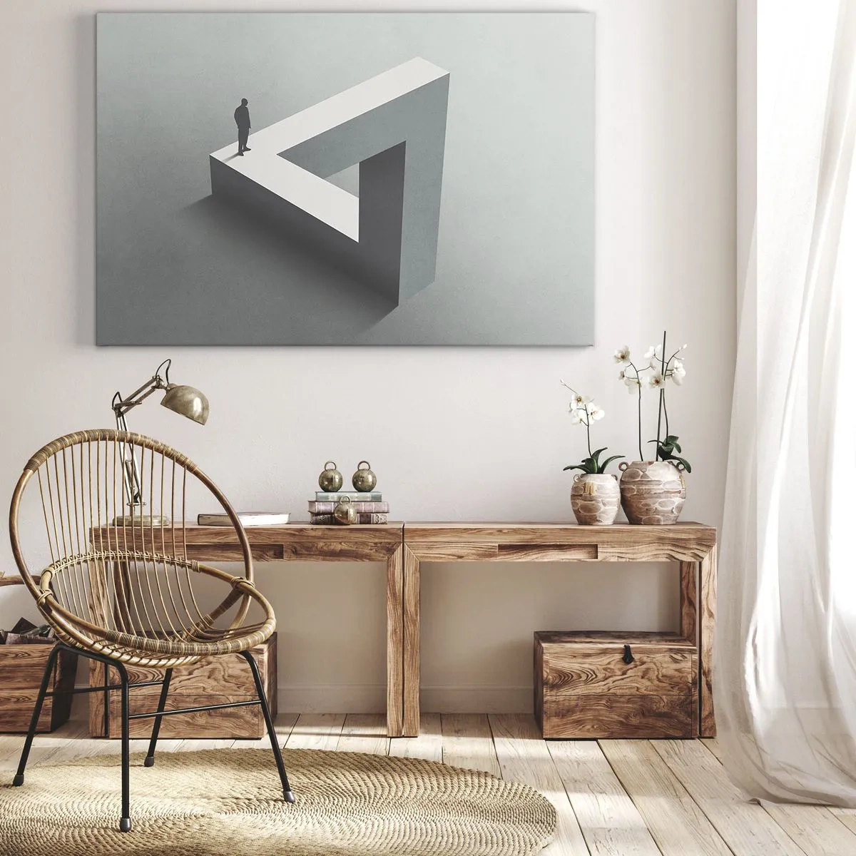 Vászonkép - Egy alak áll egy Penrose-háromszögön szürke árnyalatokban. - 70x50cm - És mégis lehetséges - Modern fali dekoráció nappalihoz és hálószobához ARTTOR
