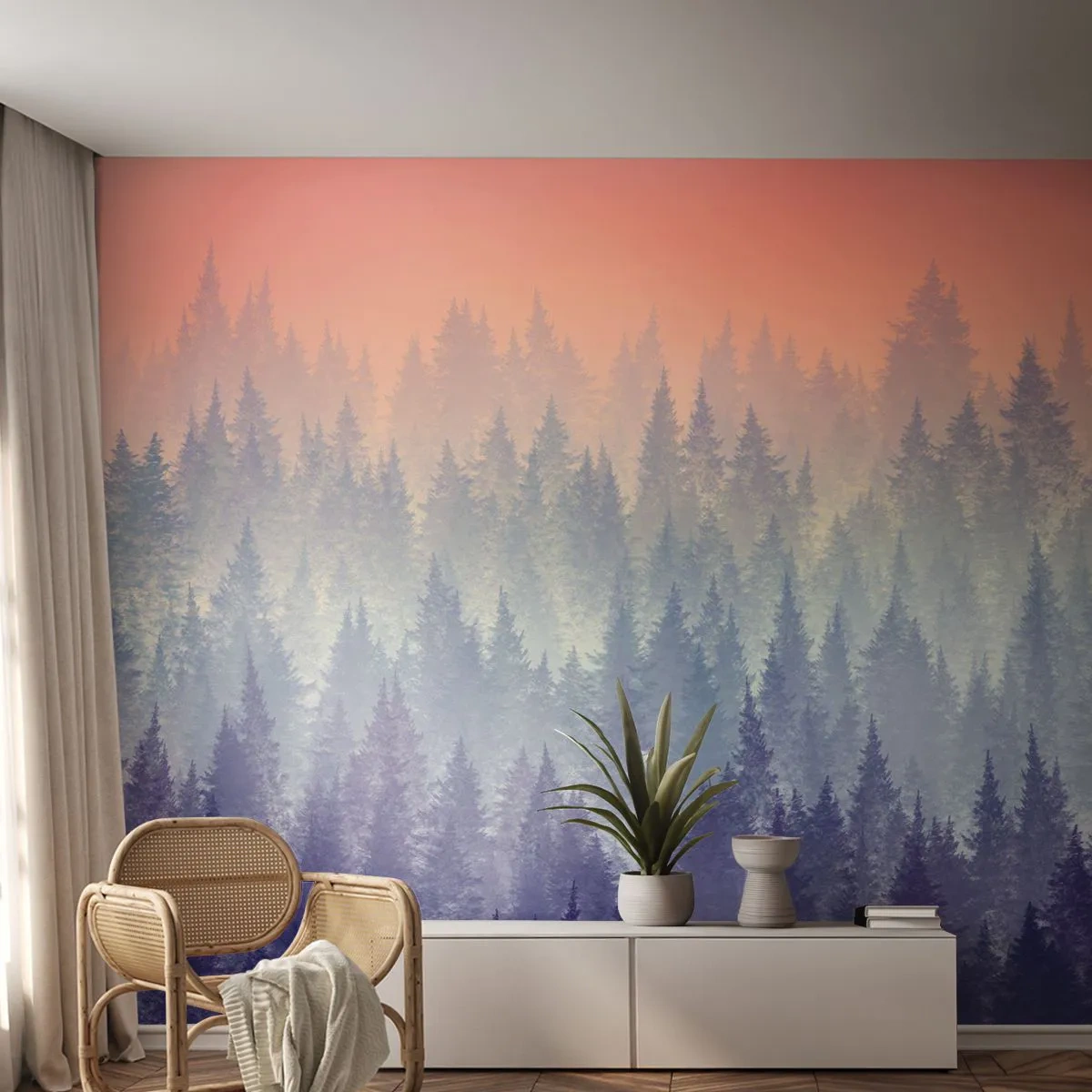 Fotótapéta Standard Eco - Hegyi erdő a ködben naplementekor - 100x70cm - Magasra, magasabbra, az egekig - Modern fali dekoráció nappalihoz és hálószobához ARTTOR