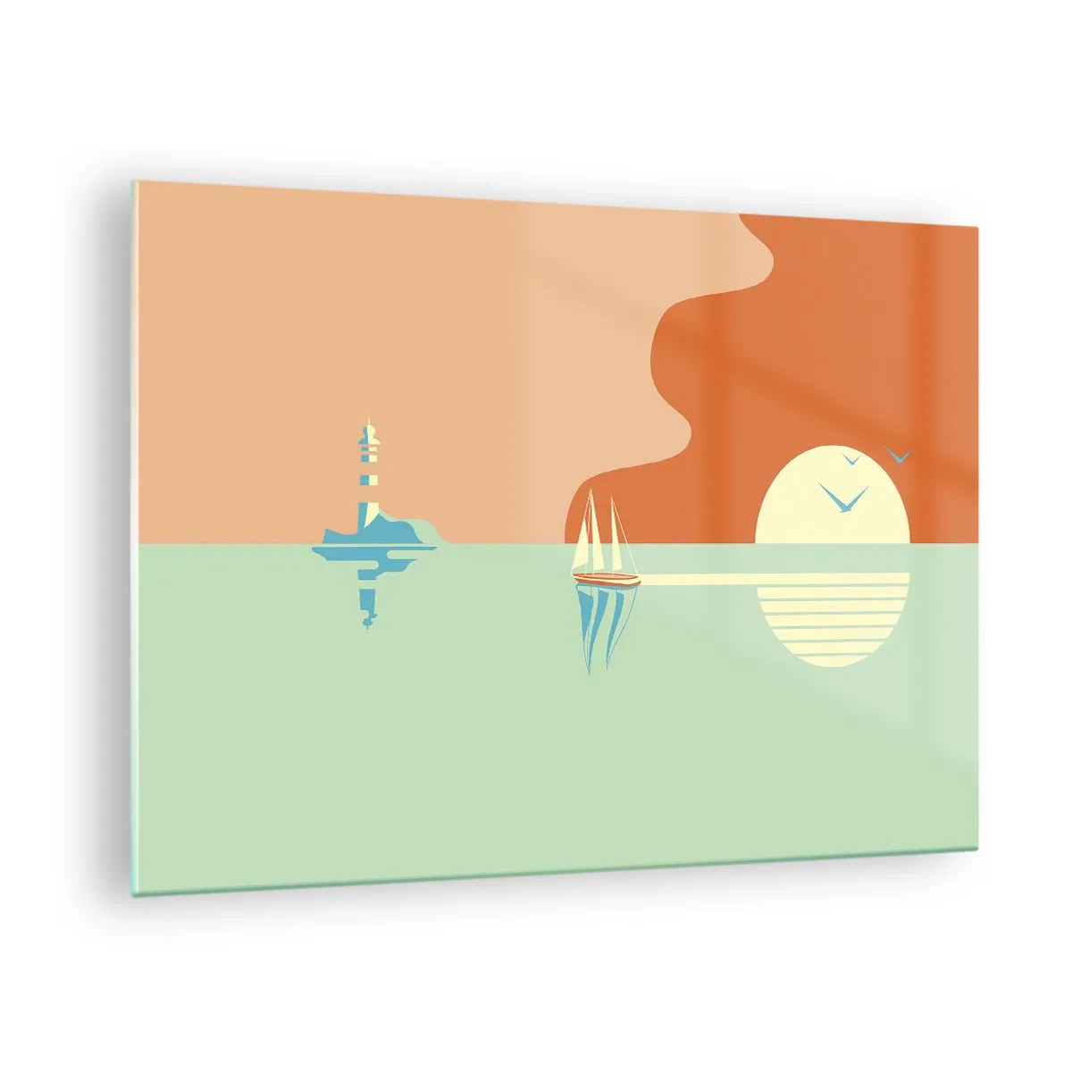 Üveg kép - Minimalista naplemente vitorlással és világítótoronnyal - 70x50cm - Tökéletes tengeri tájkép - Modern fali dekoráció nappalihoz és hálószobához ARTTOR
