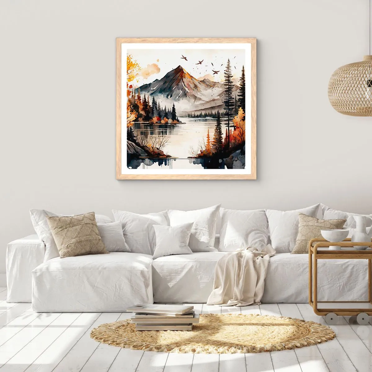 Poszter világos tölgy keretben - Aranyszínű ősz a hegyekben - 50x50 cm