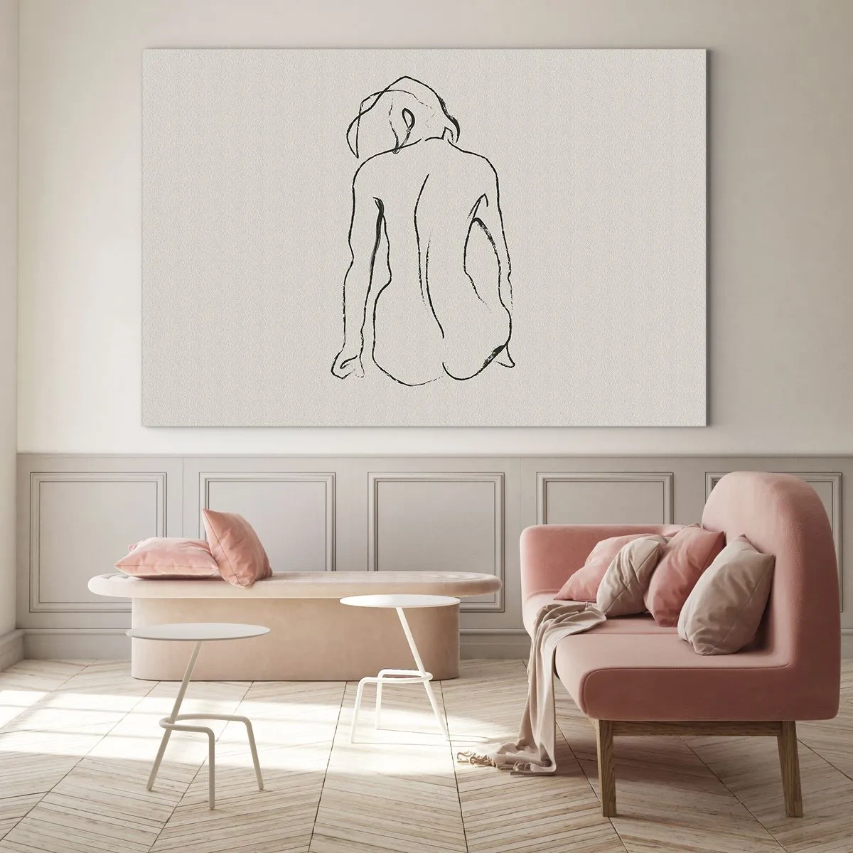 Üveg kép - Egy ülő nő finom vázlata, feketével rajzolva világos háttéren. - 70x50cm - Lány meztelenül - Modern fali dekoráció nappalihoz és hálószobához ARTTOR