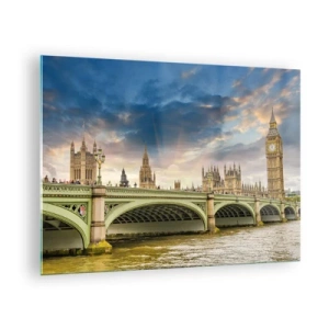 Üveg kép - Big Ben és Westminster híd naplementekor - 70x50cm - Az idő megállt a Birodalomban - Modern fali dekoráció nappalihoz és hálószobához ARTTOR