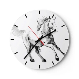 Falióra, Óra - Vázlat egy vágtató lóról fehér alapon - 30x30cm - Megszelídíthetetlen lélek - Modern fali dekoráció nappalihoz, konyhához és hálószobához ARTTOR