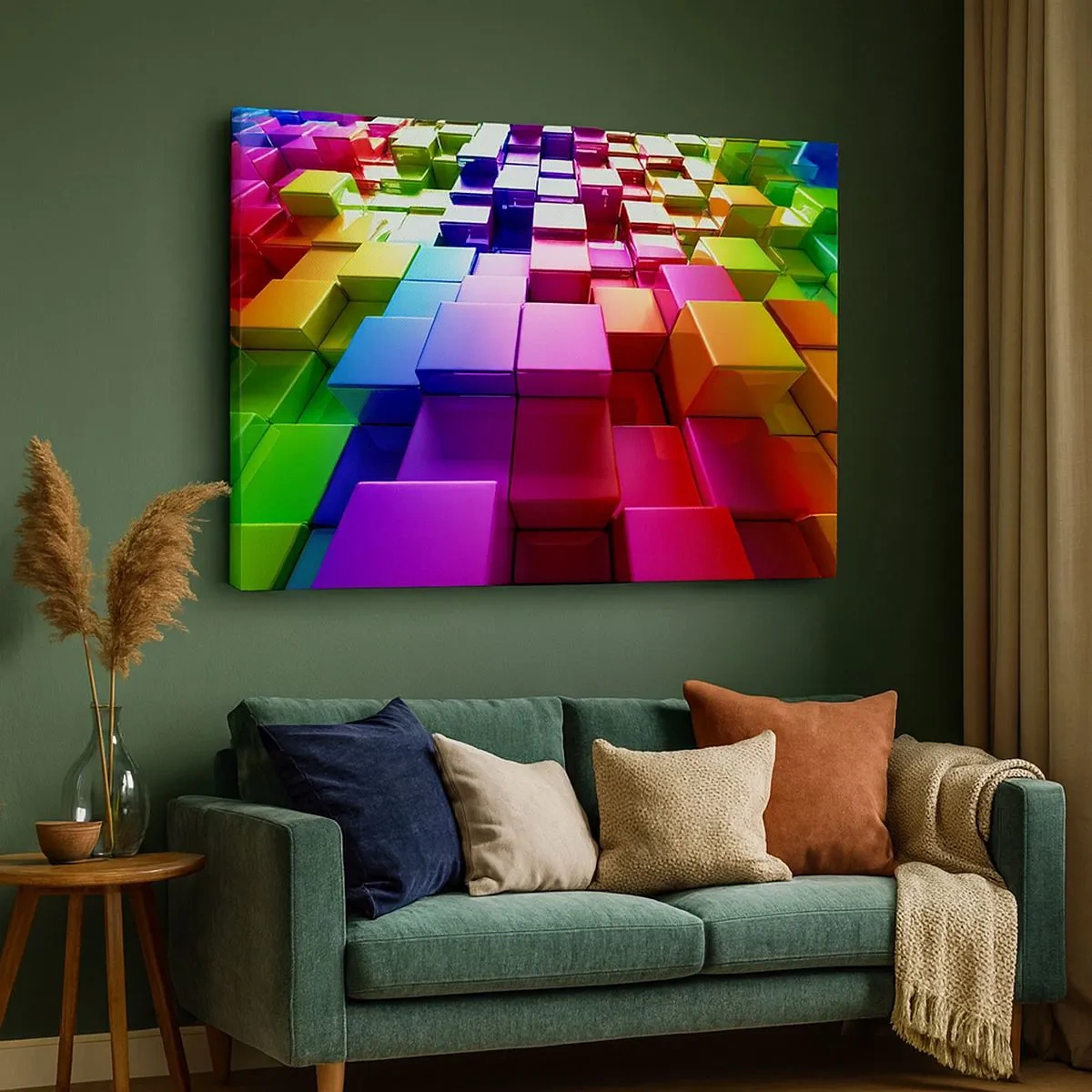 Vászonkép - Színes 3D geometriai kockák - 70x50cm - Op-art együtt egy csapatban - Modern fali dekoráció nappalihoz és hálószobához ARTTOR