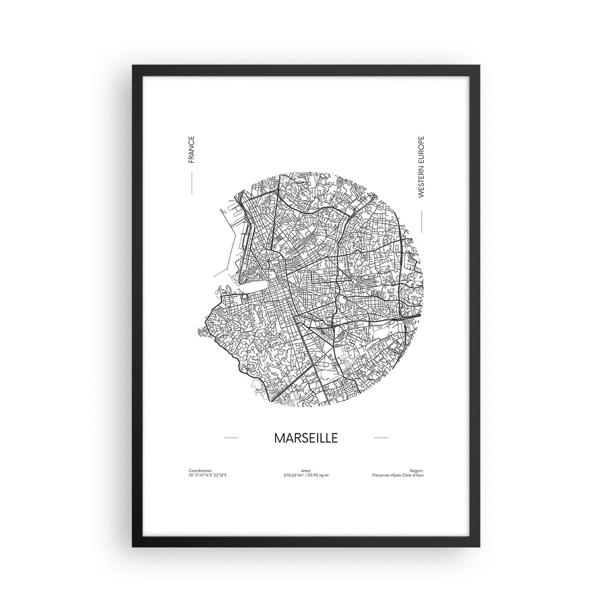 Poszter fehér keretben - Marseille minimalista térképe körben - 50x70cm - Marseille anatómiája - Modern fali dekoráció nappalihoz és hálószobához ARTTOR